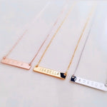 Sterling silver custom bar necklaces. Gold, rose gold or silver. Personalized bar necklace.