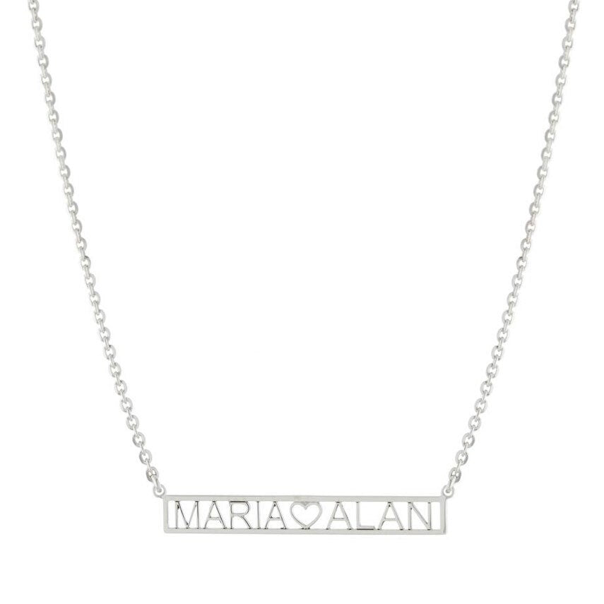 Couples bar necklace. Name (heart) name. Sterling silver and 14k gold plated. Initial nameplate. Personalized nameplate.