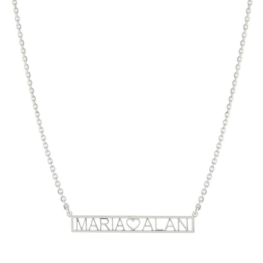 Couples bar necklace. Name (heart) name. Sterling silver and 14k gold plated. Initial nameplate. Personalized nameplate.