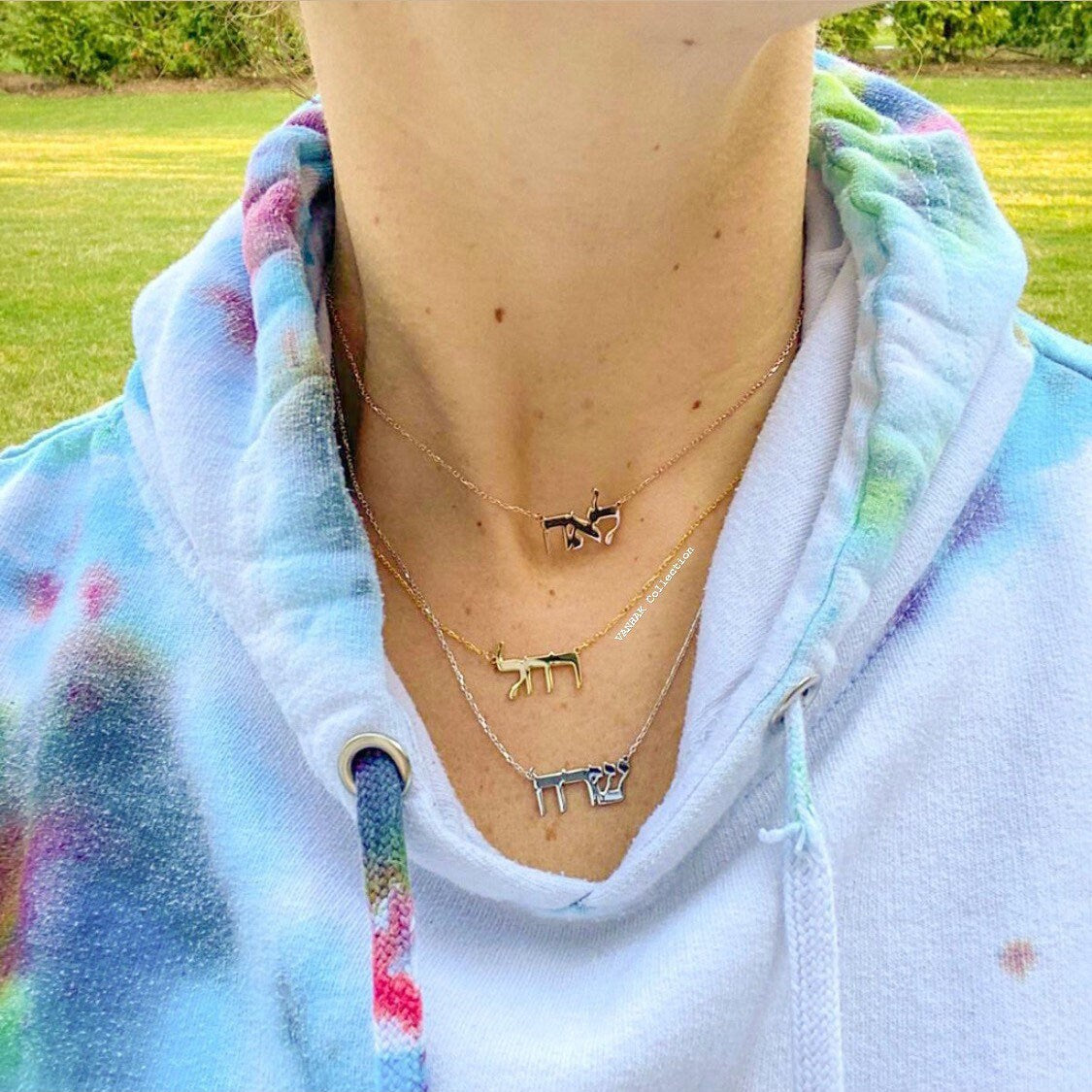 Sterling silver gold plated Hebrew name necklaces. Jewish name necklaces.