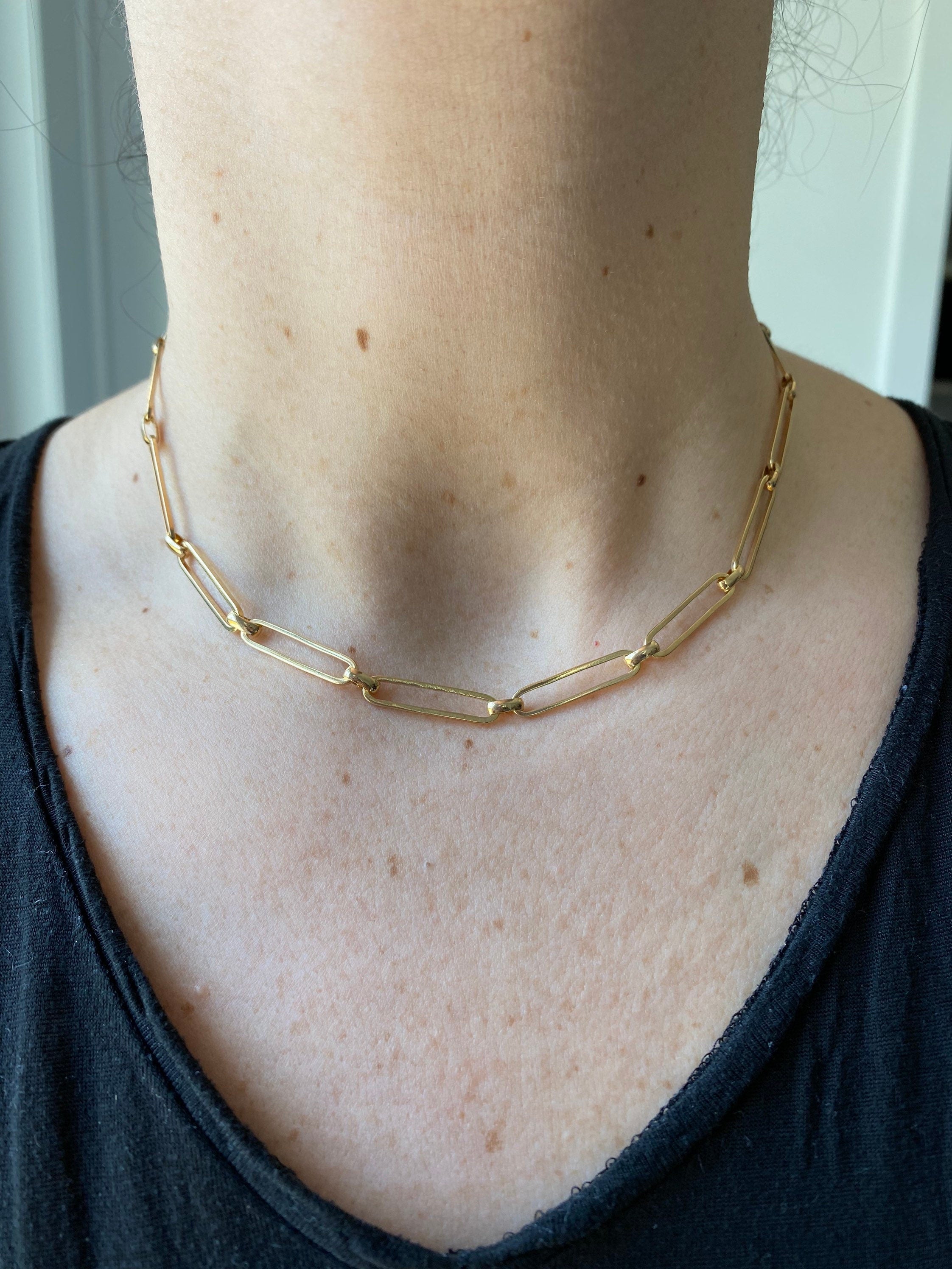 18K gold filled chain necklace. long link chain choker. Paper clip necklace.