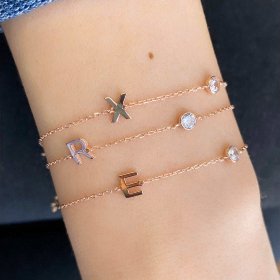 Sterling silver and gold plated CZ initial bracelets. Letter bracelets. Personalized bracelets. Hebrew initial bracelet. Custom bracelet.