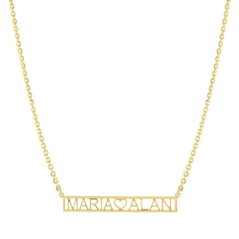 Couples bar necklace. Name (heart) name. Sterling silver and 14k gold plated. Initial nameplate. Personalized nameplate.