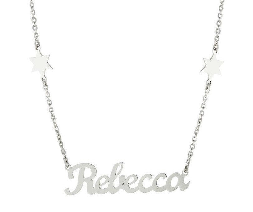 Custom / personalized name necklace with jewish stars. Sterling silver and 14K gold plated star of david nameplate necklace.