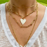 18K medium gold filled paper clip chain necklaces with jumbo enamel heart. Chain necklaces with charm. Gold-filled charm necklace