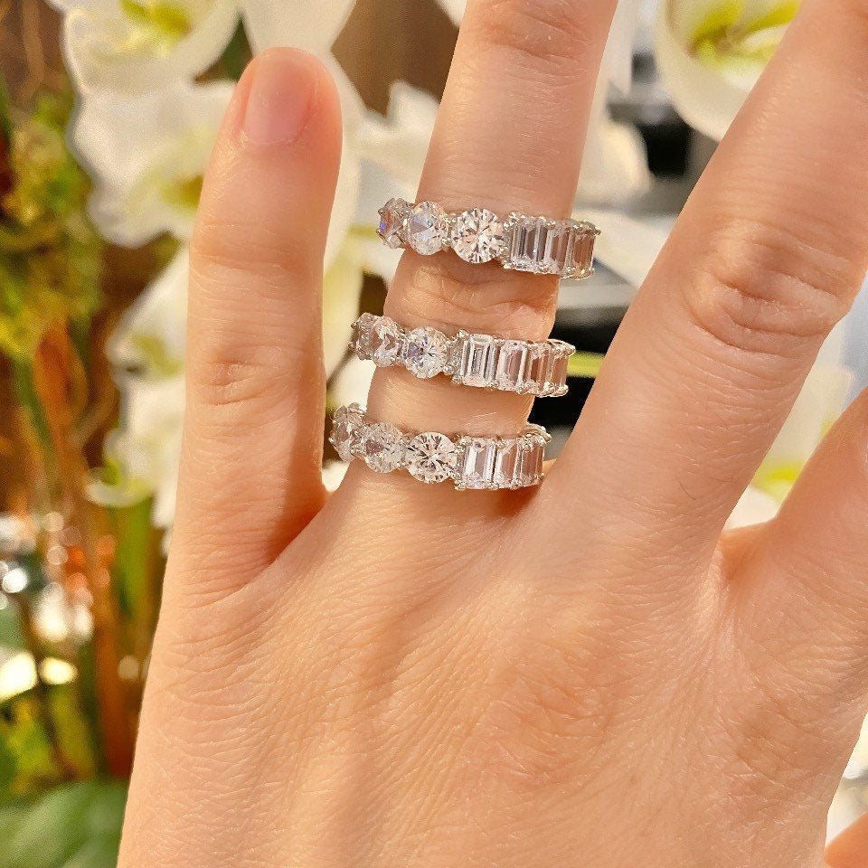 Half band eternity band/ ring. Half baguette/ half round eternity ring. Sterling silver and rhodium/gold plated sizes 5-9