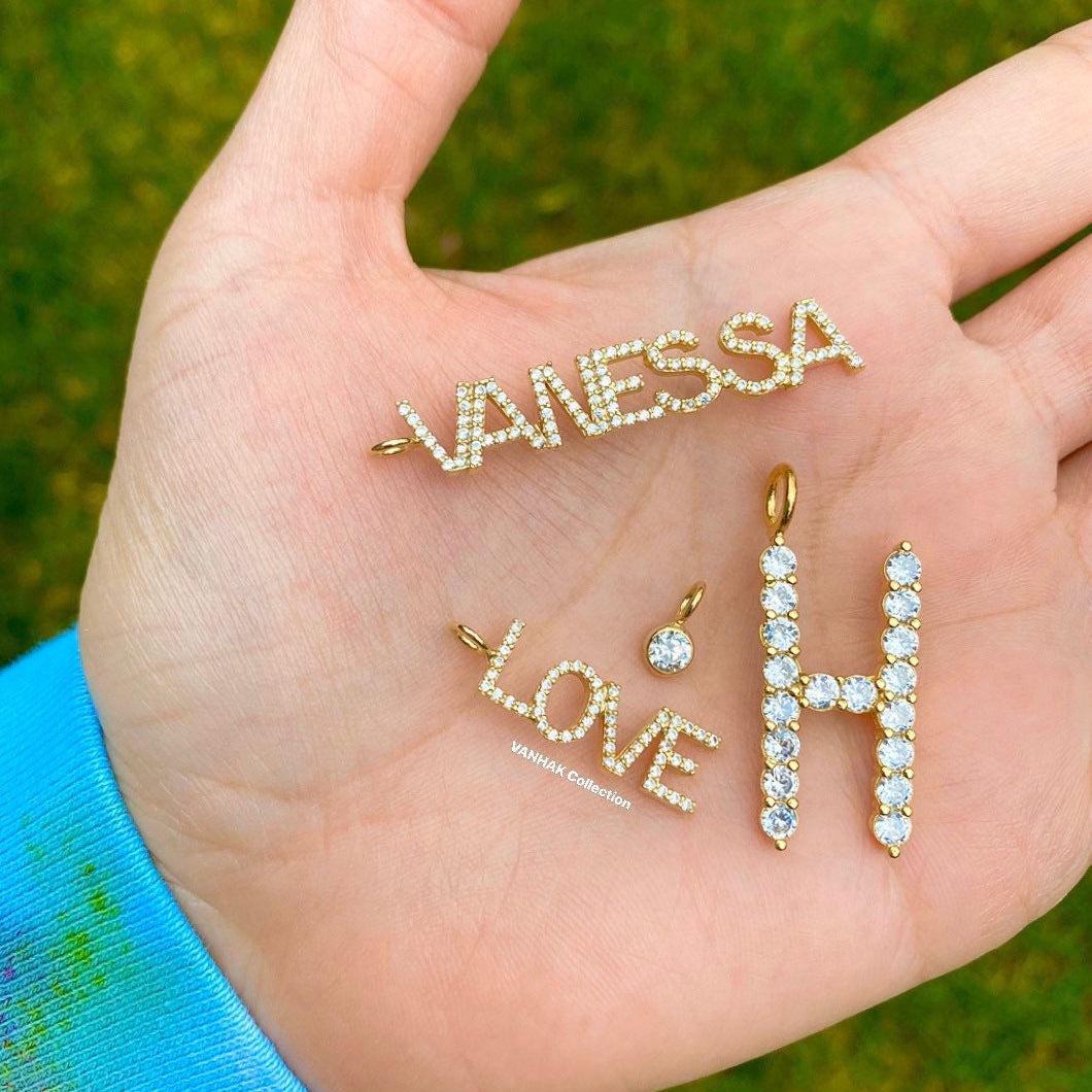 Personalized Pave’ Charms. Initial charms. Letter charms. Diamond Charms. CZ charms. Custom name charms. Sterling Silver Gold Plated.