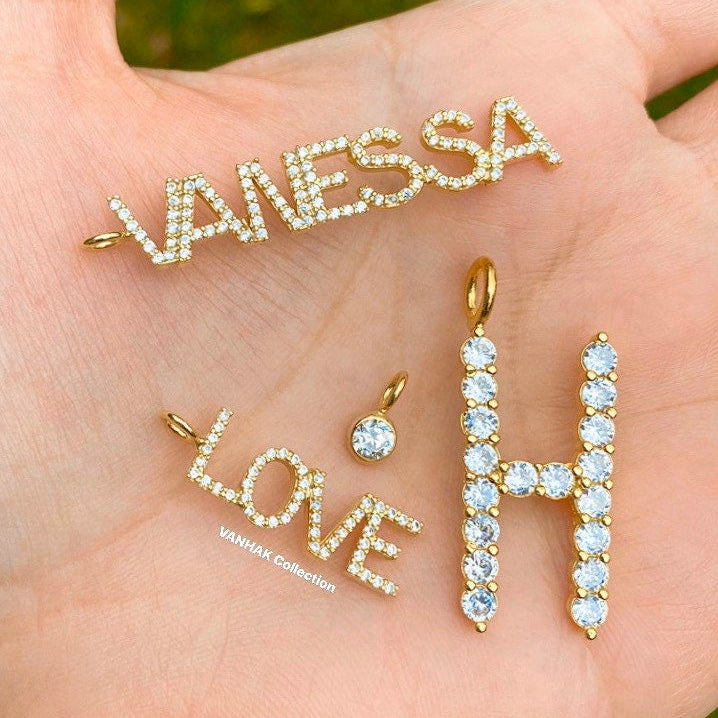 Personalized Pave’ Charms. Initial charms. Letter charms. Diamond Charms. CZ charms. Custom name charms. Sterling Silver Gold Plated.