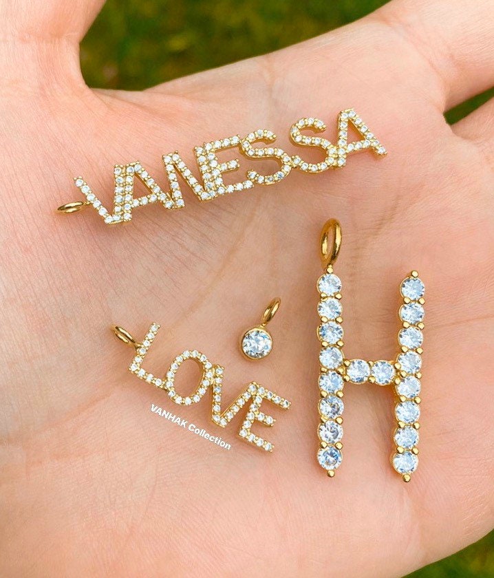 Personalized Pave’ Charms. Initial charms. Letter charms. Diamond Charms. CZ charms. Custom name charms. Sterling Silver Gold Plated.
