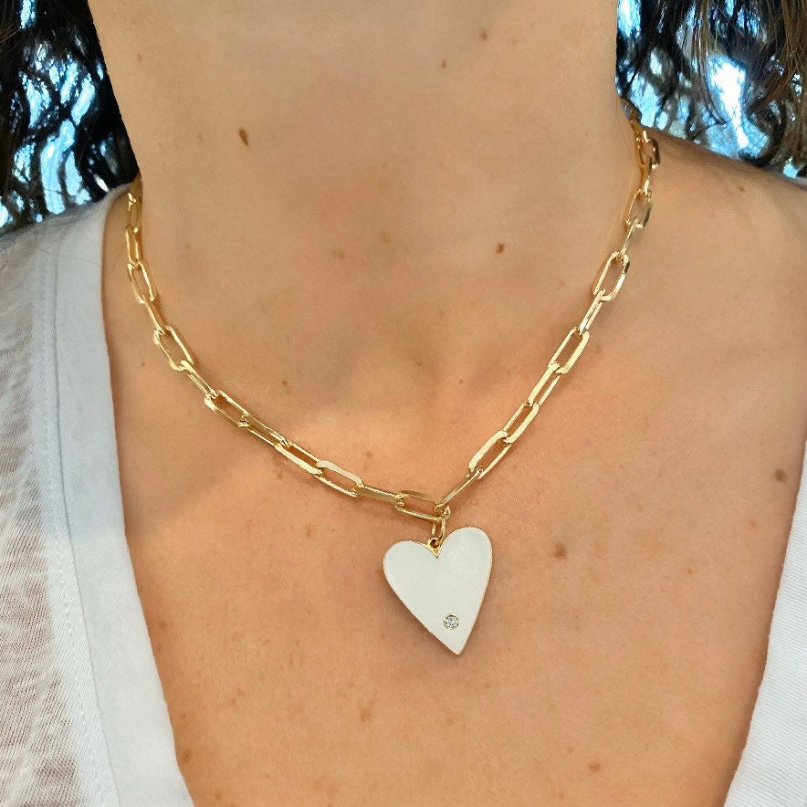 18K medium gold filled paper clip chain necklaces with jumbo enamel heart. Chain necklaces with charm. Gold-filled charm necklace