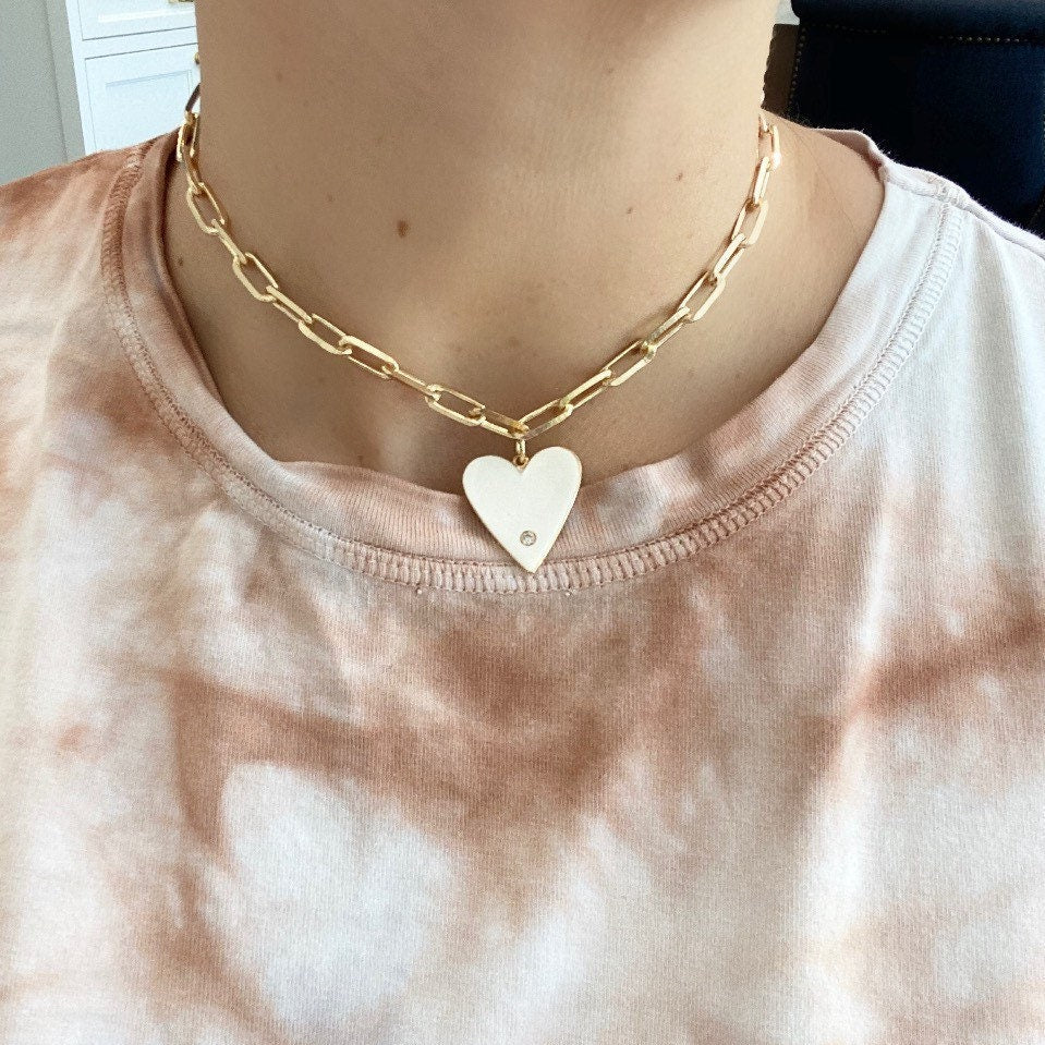 18K medium gold filled paper clip chain necklaces with jumbo enamel heart. Chain necklaces with charm. Gold-filled charm necklace