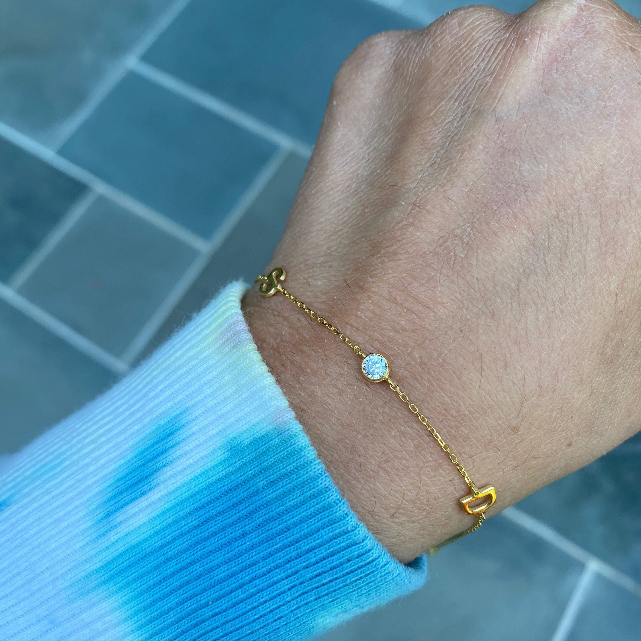 Sterling silver and gold plated CZ two initial bezel bracelets. 2 Letter bracelets. Personalized bracelets.