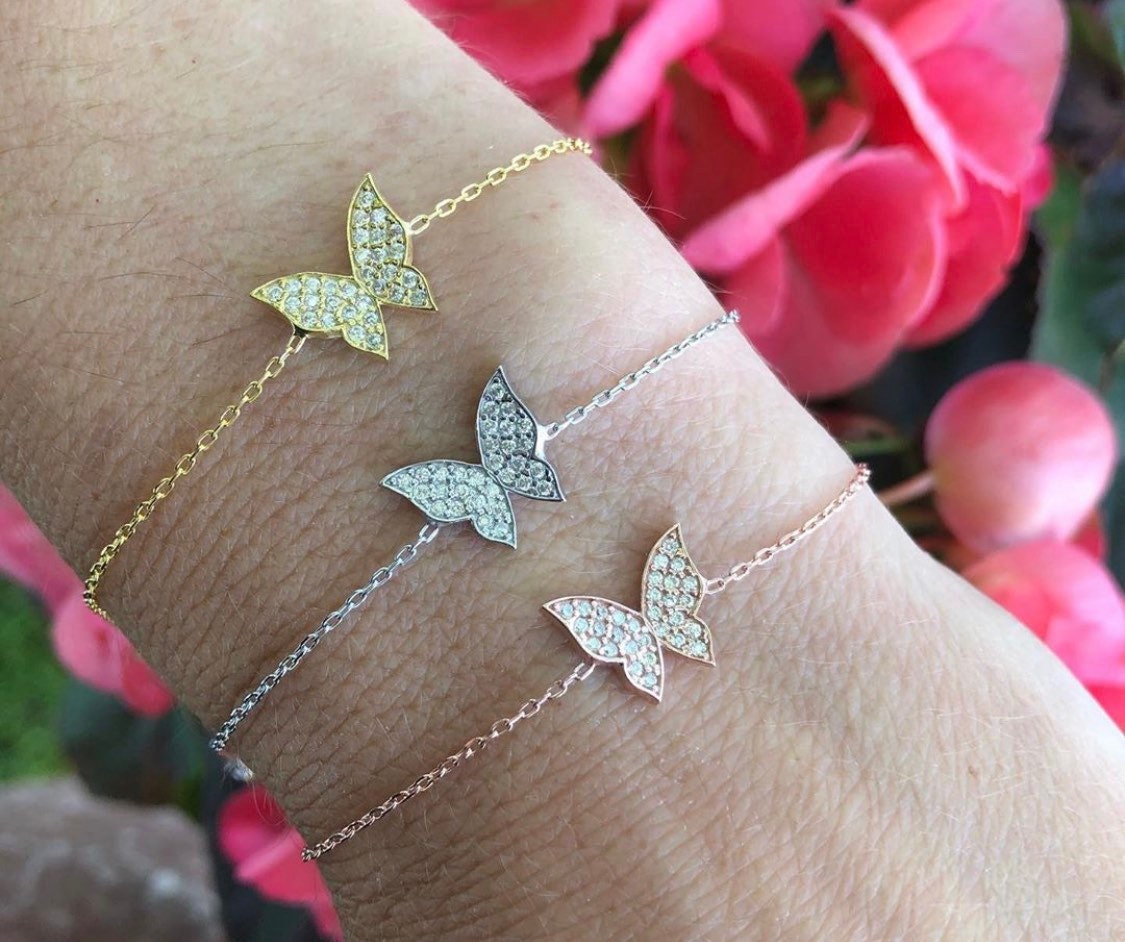 Pave Stones CZ Butterly bracelet | Sterling silver and gold plated butterfly bracelet in gold, rose gold and silver colors!