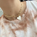 18K medium gold filled paper clip chain necklaces with jumbo enamel heart. Chain necklaces with charm. Gold-filled charm necklace
