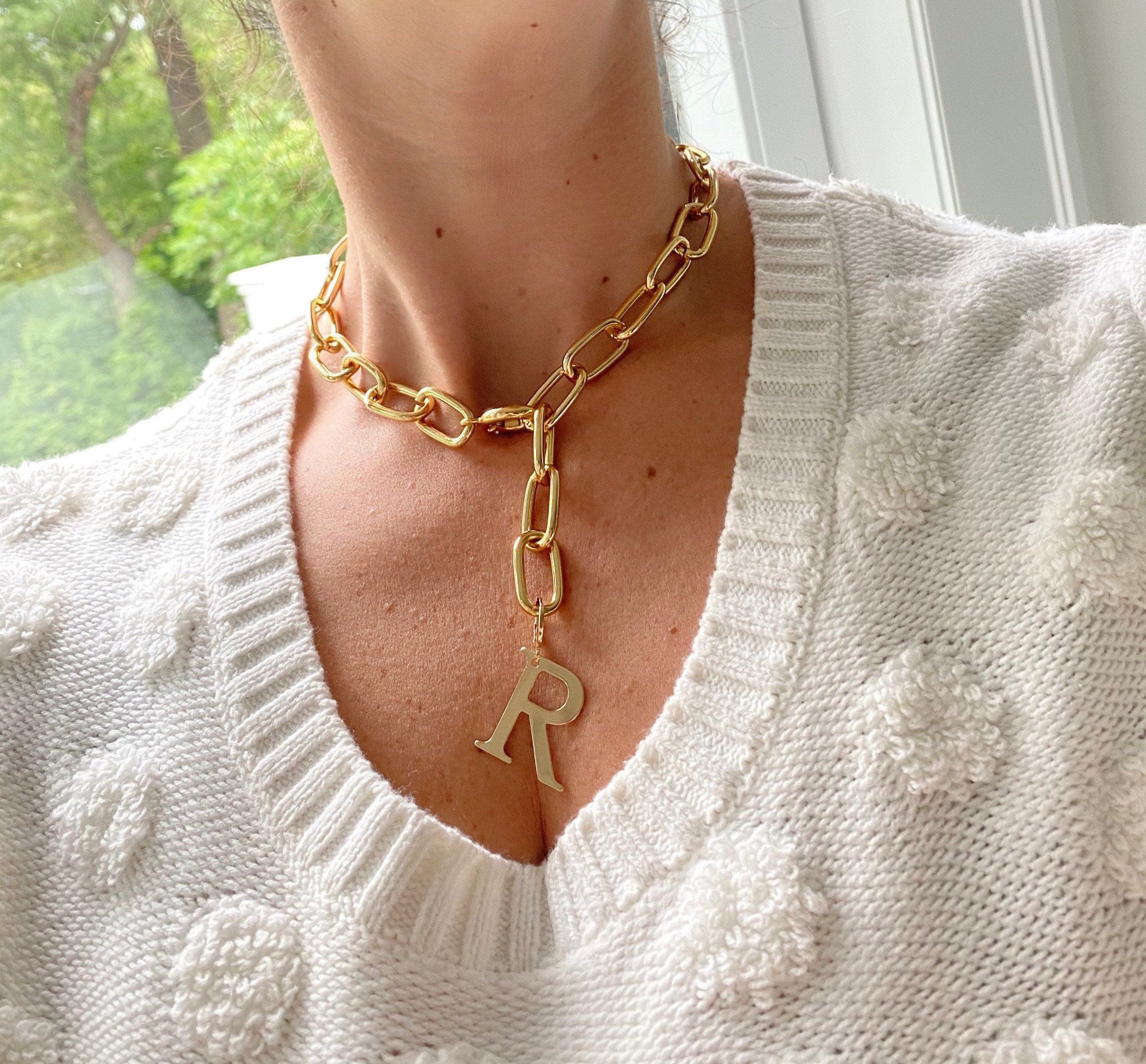 18K gold-filled large link initial lariat l gold-filled mega link initial chain necklaces l Mega link chain necklace with your initial