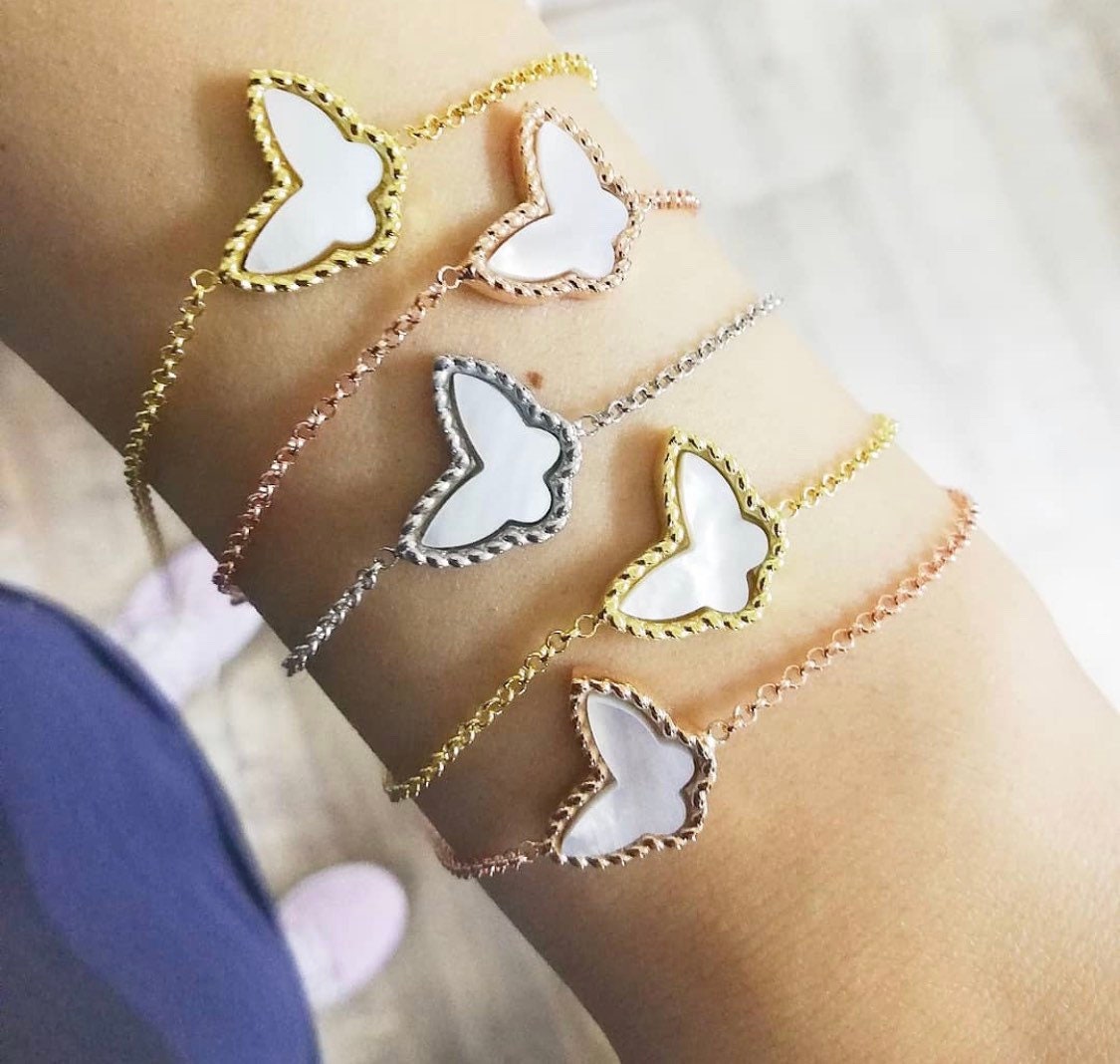 Mother of Pearl Butterly bracelet | Sterling silver and gold plated butterfly bracelet in gold, rose gold and silver colors!