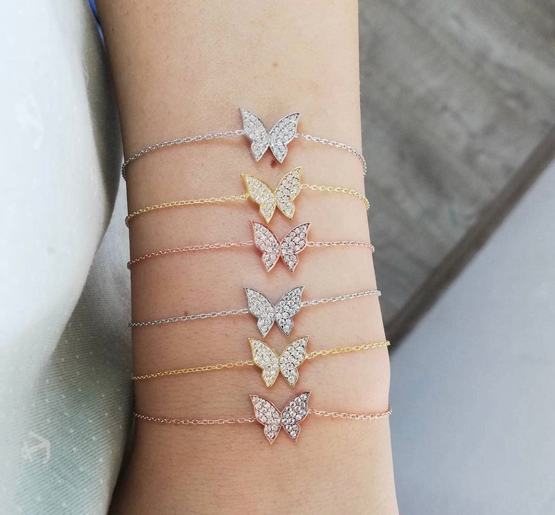Pave Stones CZ Butterly bracelet | Sterling silver and gold plated butterfly bracelet in gold, rose gold and silver colors!