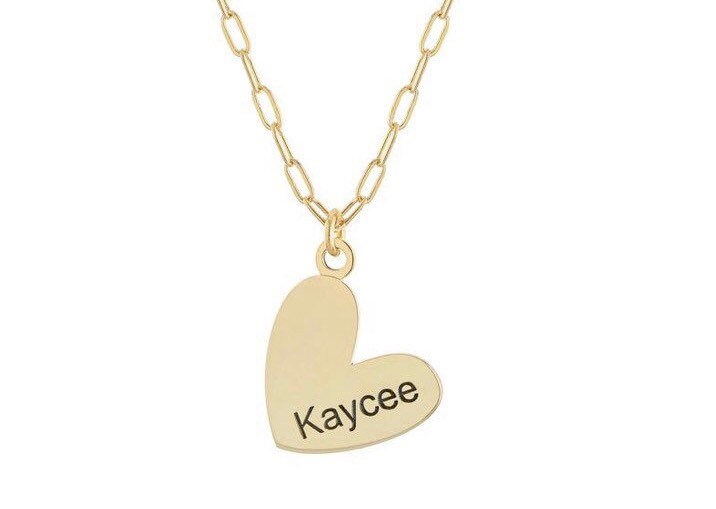 Personalized/Custom heart charm necklace on a paper clip chain. Engrave anything you like! Sterling silver and 14K gold plated.