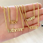 Personalized Gothic nameplate choker. Old English Cuban link necklace. Custom name curb link choker. Sterling silver gold plated.