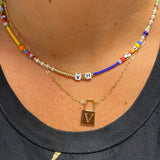 Initial lock necklace on a paper clip chain. Engraved. Personalized lock necklace. Sterling silver and 14K gold plated. Initial lock choker.