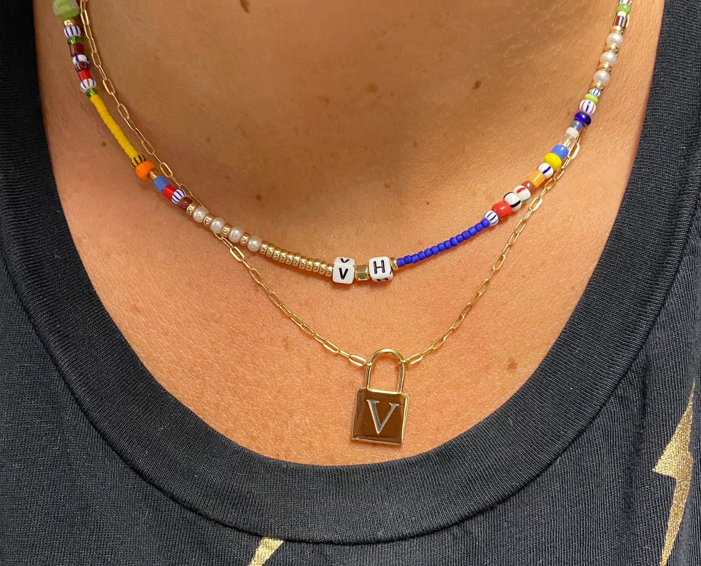 Initial lock necklace on a paper clip chain. Engraved. Personalized lock necklace. Sterling silver and 14K gold plated. Initial lock choker.