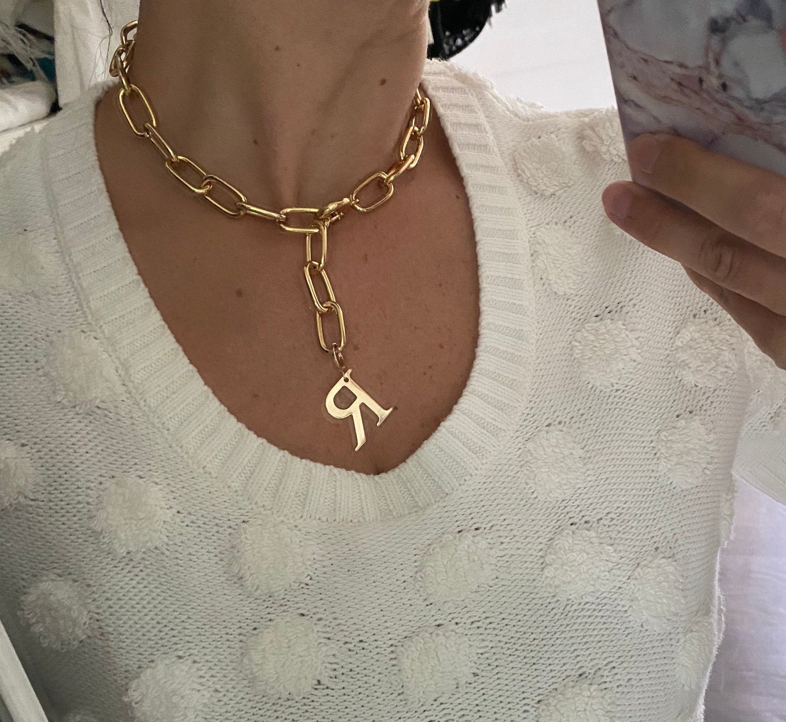 18K gold-filled large link initial lariat l gold-filled mega link initial chain necklaces l Mega link chain necklace with your initial