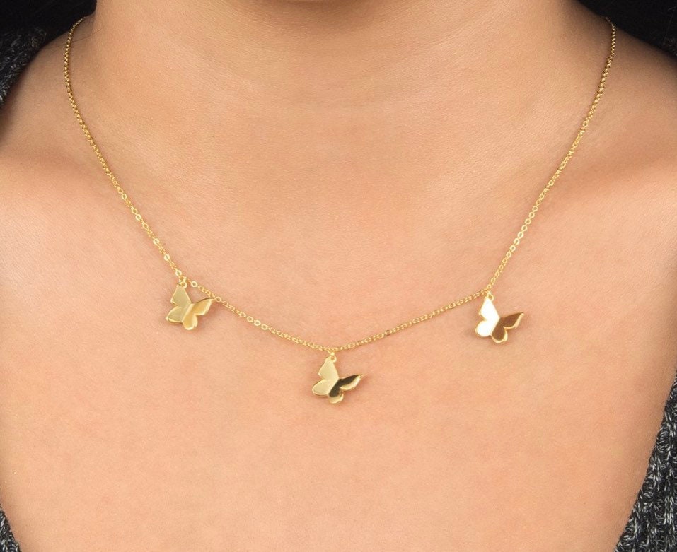 Gold butterfly necklace. Sterling silver 14K gold plated butterfly choker. Dangling butterflies necklace.