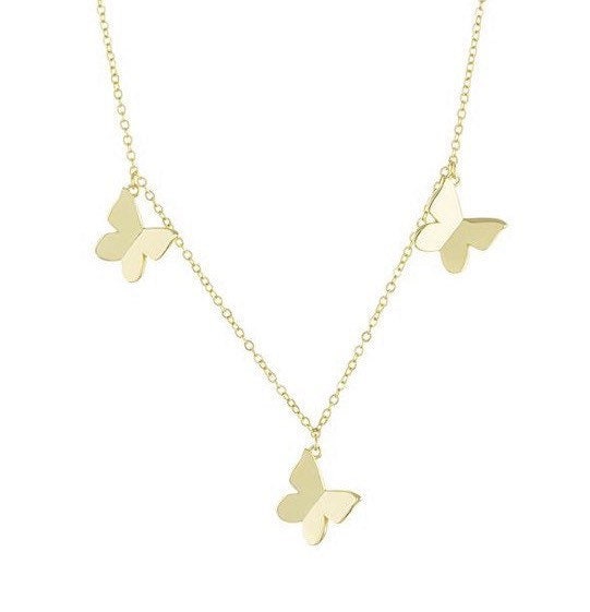 Gold butterfly necklace. Sterling silver 14K gold plated butterfly choker. Dangling butterflies necklace.