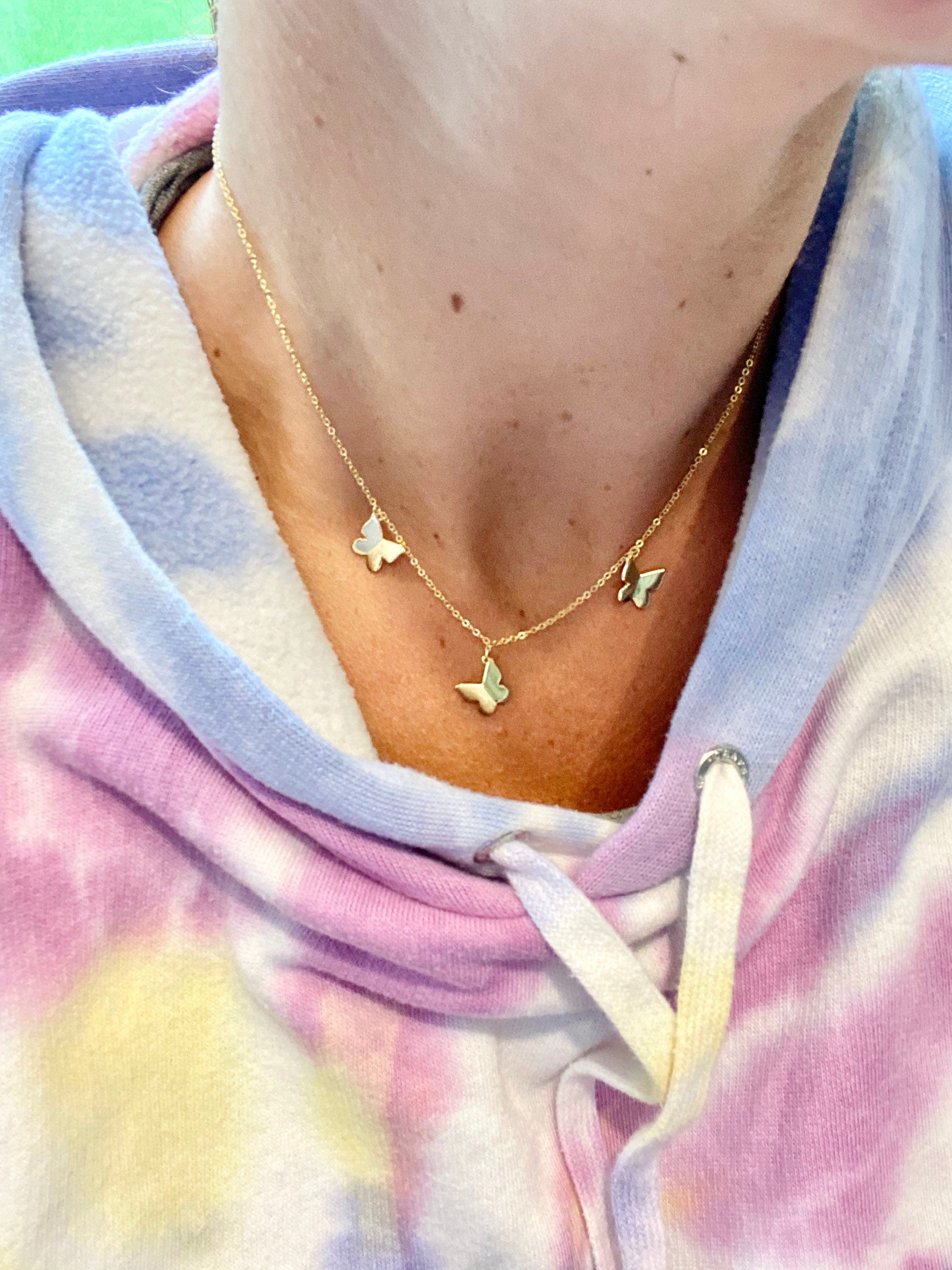Gold butterfly necklace. Sterling silver 14K gold plated butterfly choker. Dangling butterflies necklace.