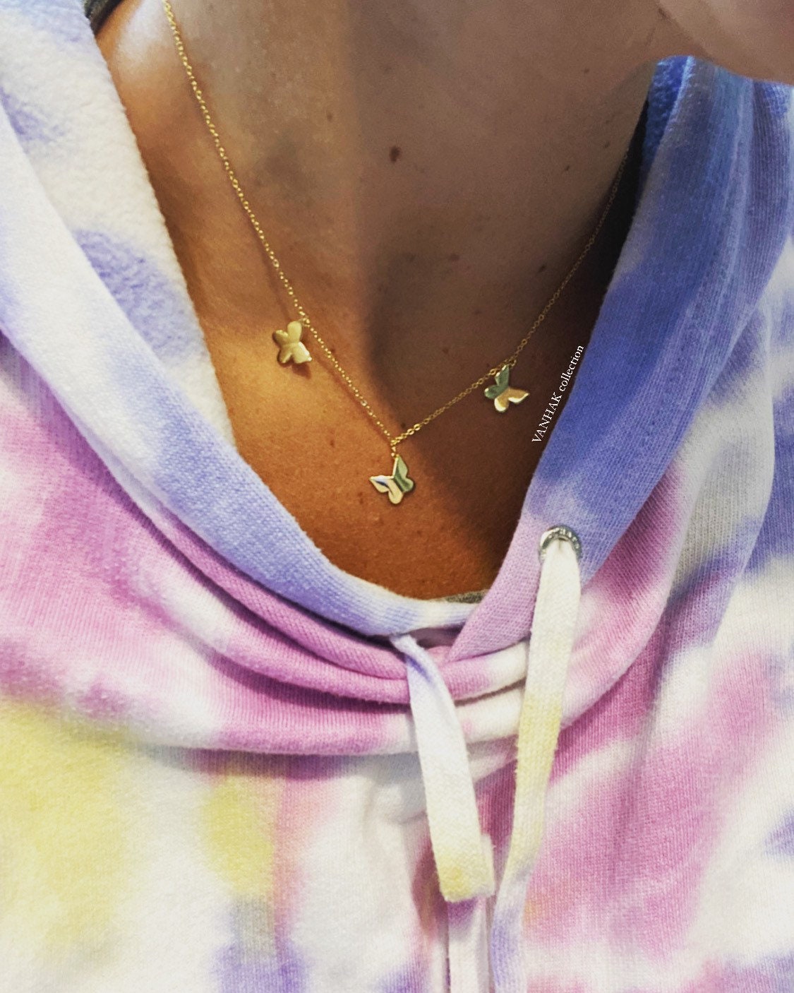Gold butterfly necklace. Sterling silver 14K gold plated butterfly choker. Dangling butterflies necklace.