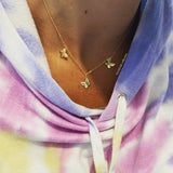 Gold butterfly necklace. Sterling silver 14K gold plated butterfly choker. Dangling butterflies necklace.