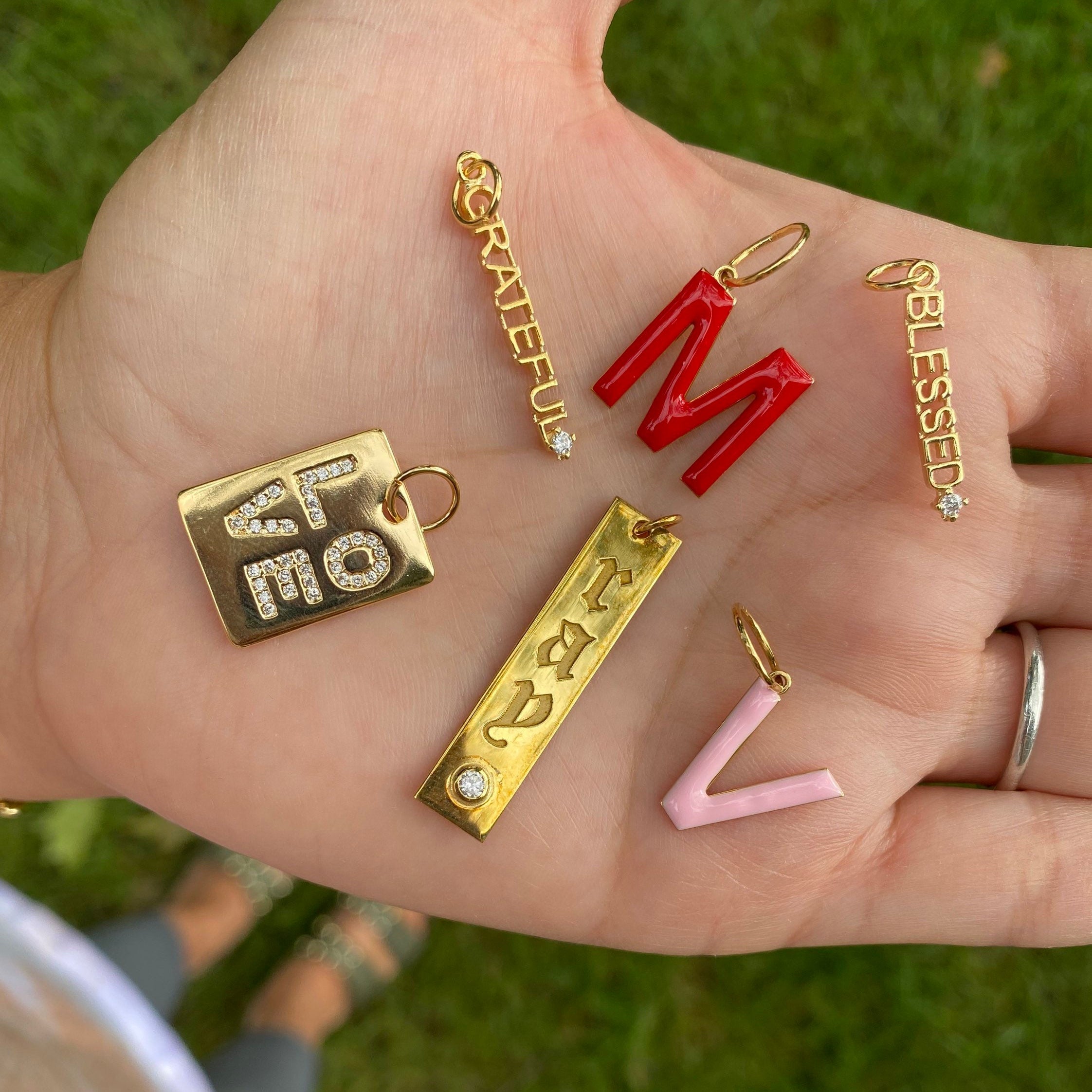 Love charm. Grateful charm. Blessed charm. Enamel charm. Enamel initial / letter charm. Gothic name charm. Sterling Silver Gold Plated.