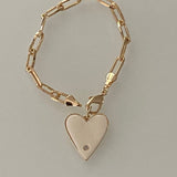 18K medium gold filled paper clip chain bracelet with jumbo enamel heart. Chain bracelets with charm. Gold-filled charm bracelet