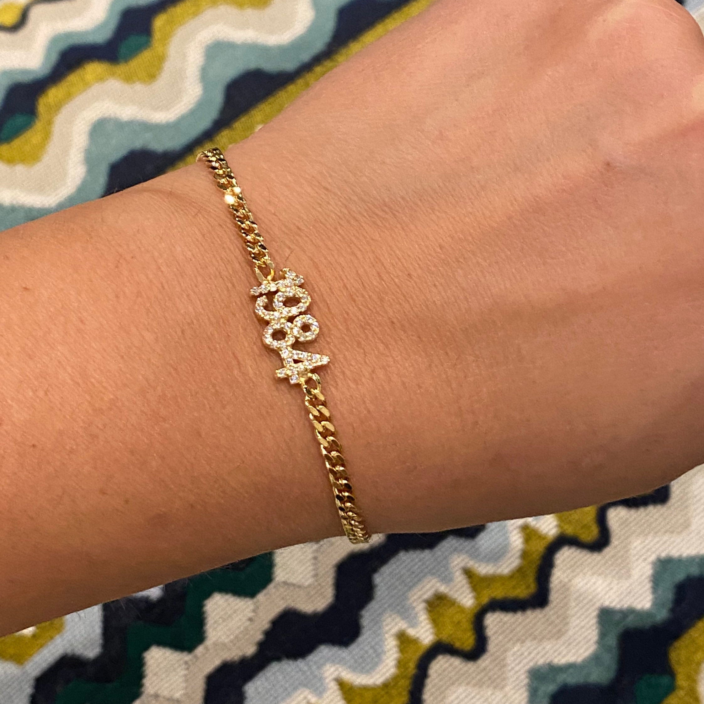 Pave Cuban link personalized year bracelet | Pave personalized curb link custom bracelet | year bracelet in gold, rose gold and silver
