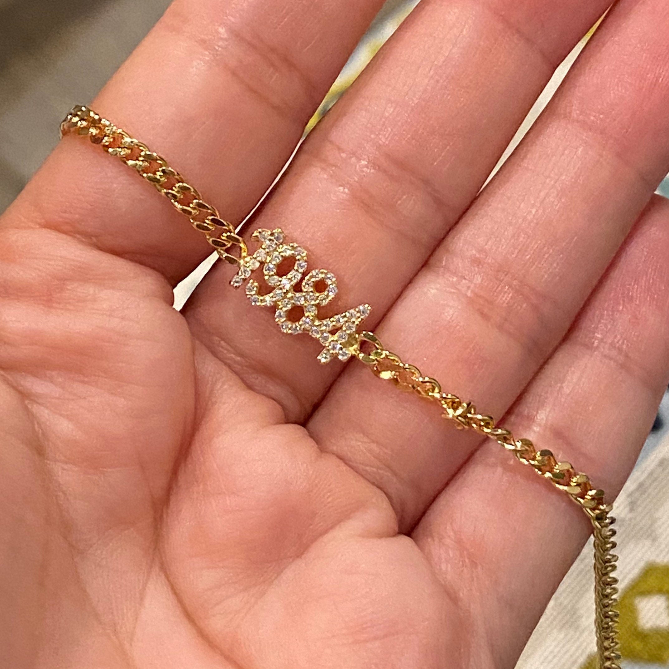 Pave Cuban link personalized year bracelet | Pave personalized curb link custom bracelet | year bracelet in gold, rose gold and silver