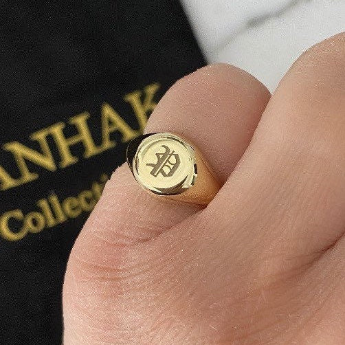 Engraved signet ring in “gothic” font or “old English” font. Personalized signet ring. Custom signet ring. Sterling silver gold plated.