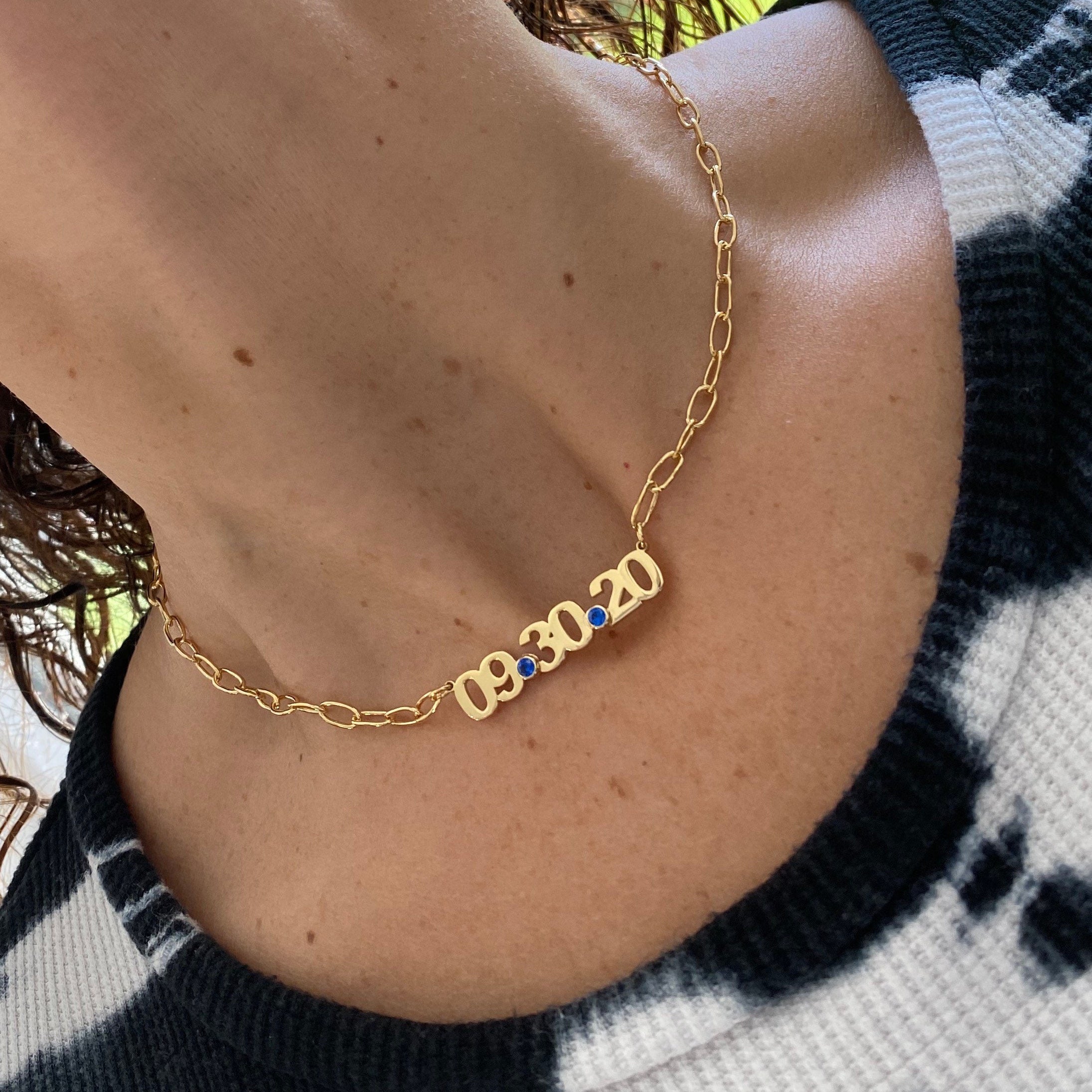 Custom date necklace choker. Date necklace on a paper clip chain. Anniversary/Birthday necklace. Sterling silver gold plated