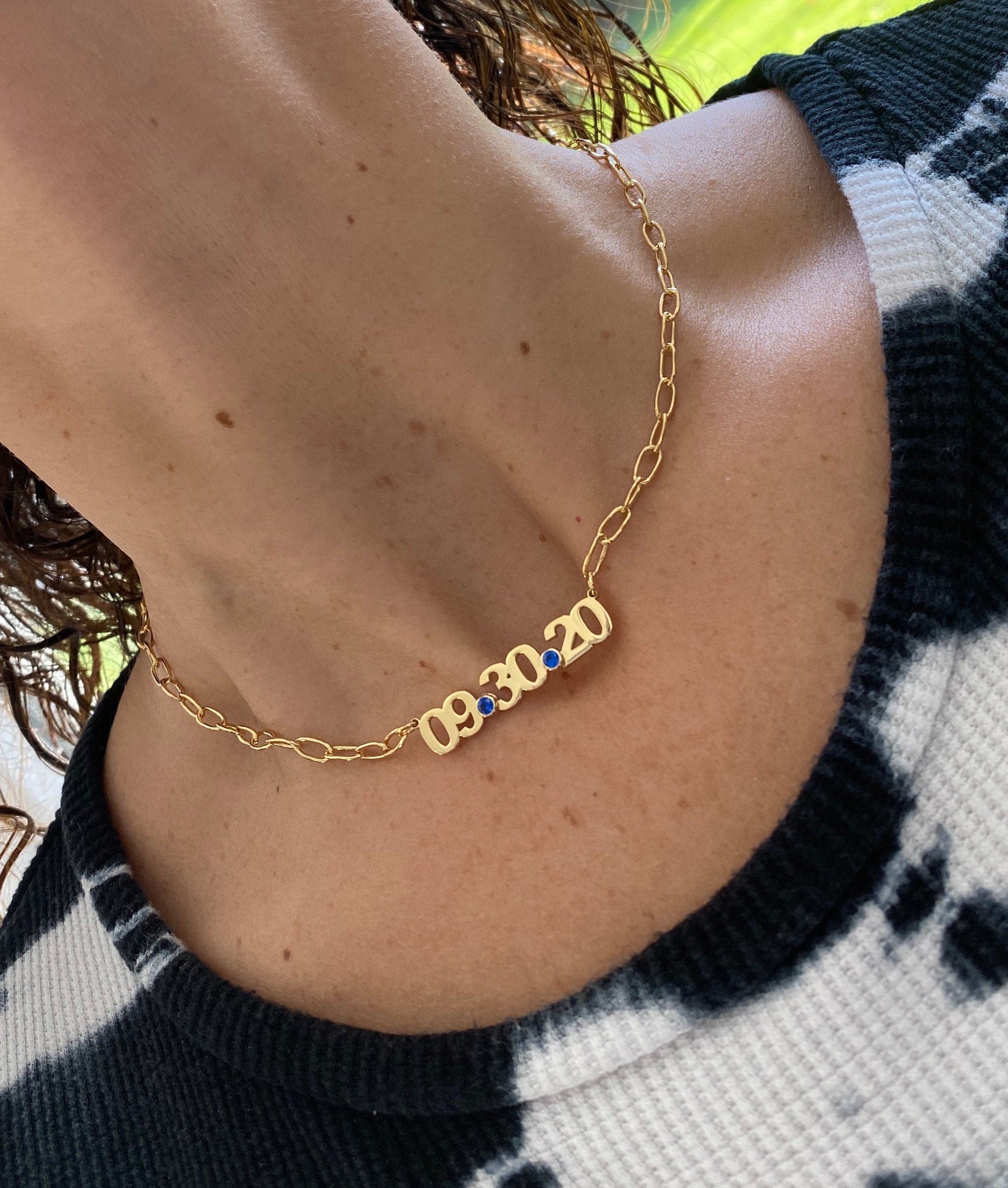 Custom date necklace choker. Date necklace on a paper clip chain. Anniversary/Birthday necklace. Sterling silver gold plated