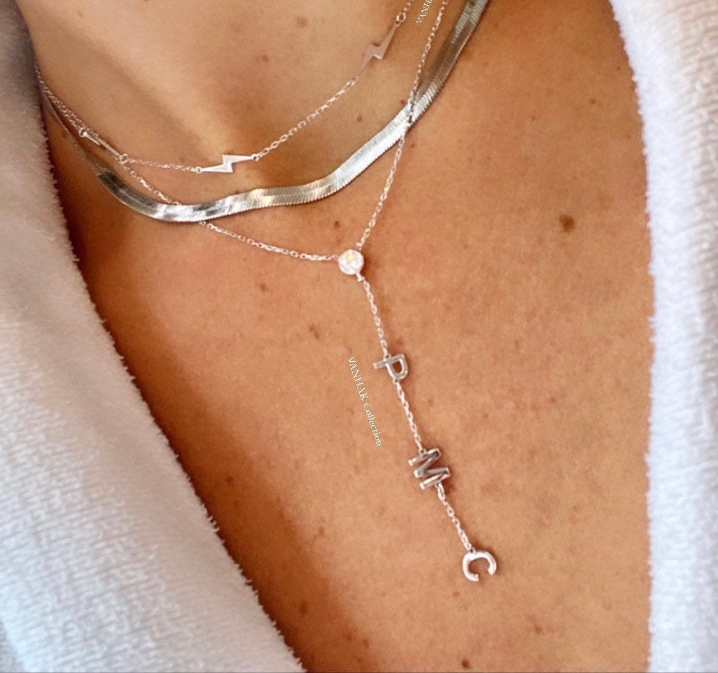diamond bezel initials lariat necklace. Initial lariat necklace. Diamond lariat necklace. Name lariat choker. Sterling silver gold plated.