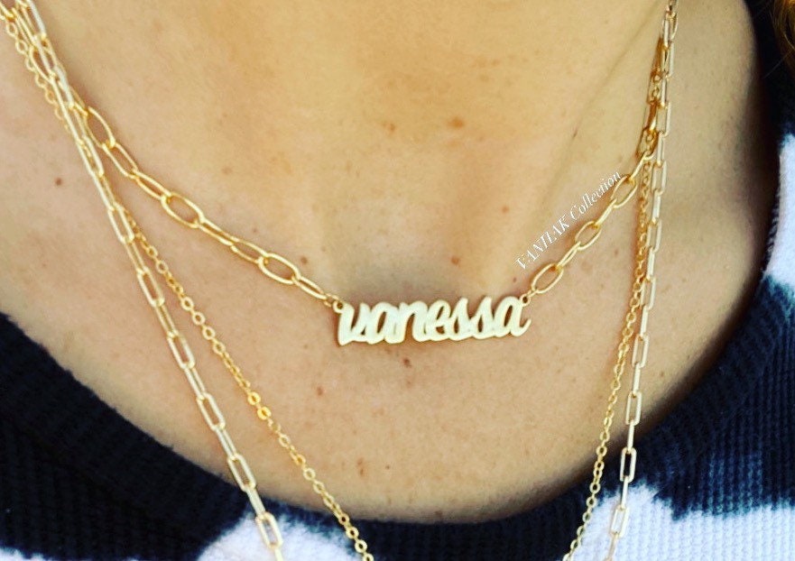Custom name necklace/choker on paper clip chain. Personalized nameplate necklace choker. Sterling silver gold plated