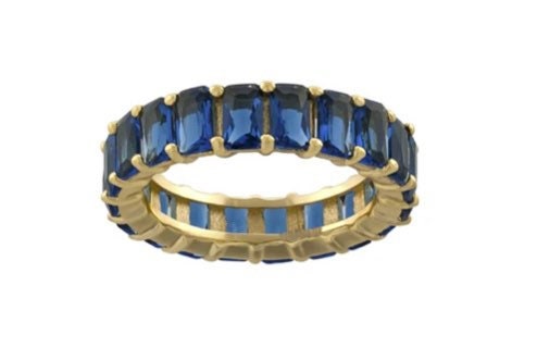 Emerald cut eternity band. Blue Sterling silver and 14K Gold Plated Baguette Style Eternity Band/Ring in Gold. Wedding ring. Anniversary gif