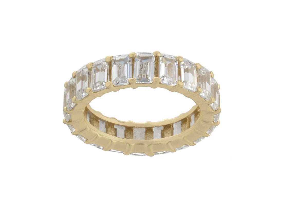 Emerald cut band. Sterling Silver and 14K Gold Plated Baguette Style Eternity Band Ring with Clear Stones. Emerald cut eternity band.