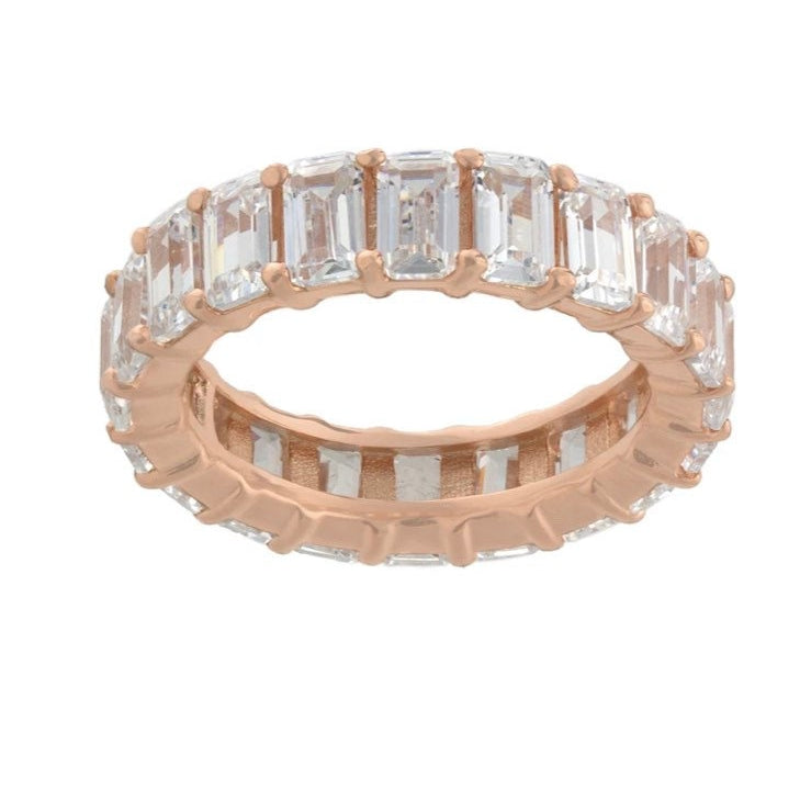Emerald cut eternity band. Sterling Silver and Rose Gold Plated Baguette Style Eternity Band Ring with Clear Stones