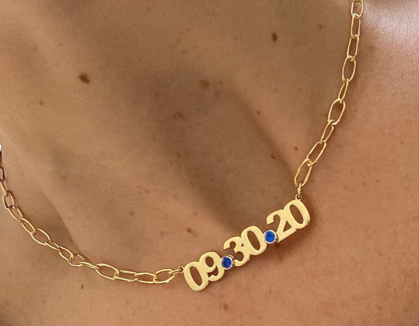Custom date necklace choker. Date necklace on a paper clip chain. Anniversary/Birthday necklace. Sterling silver gold plated