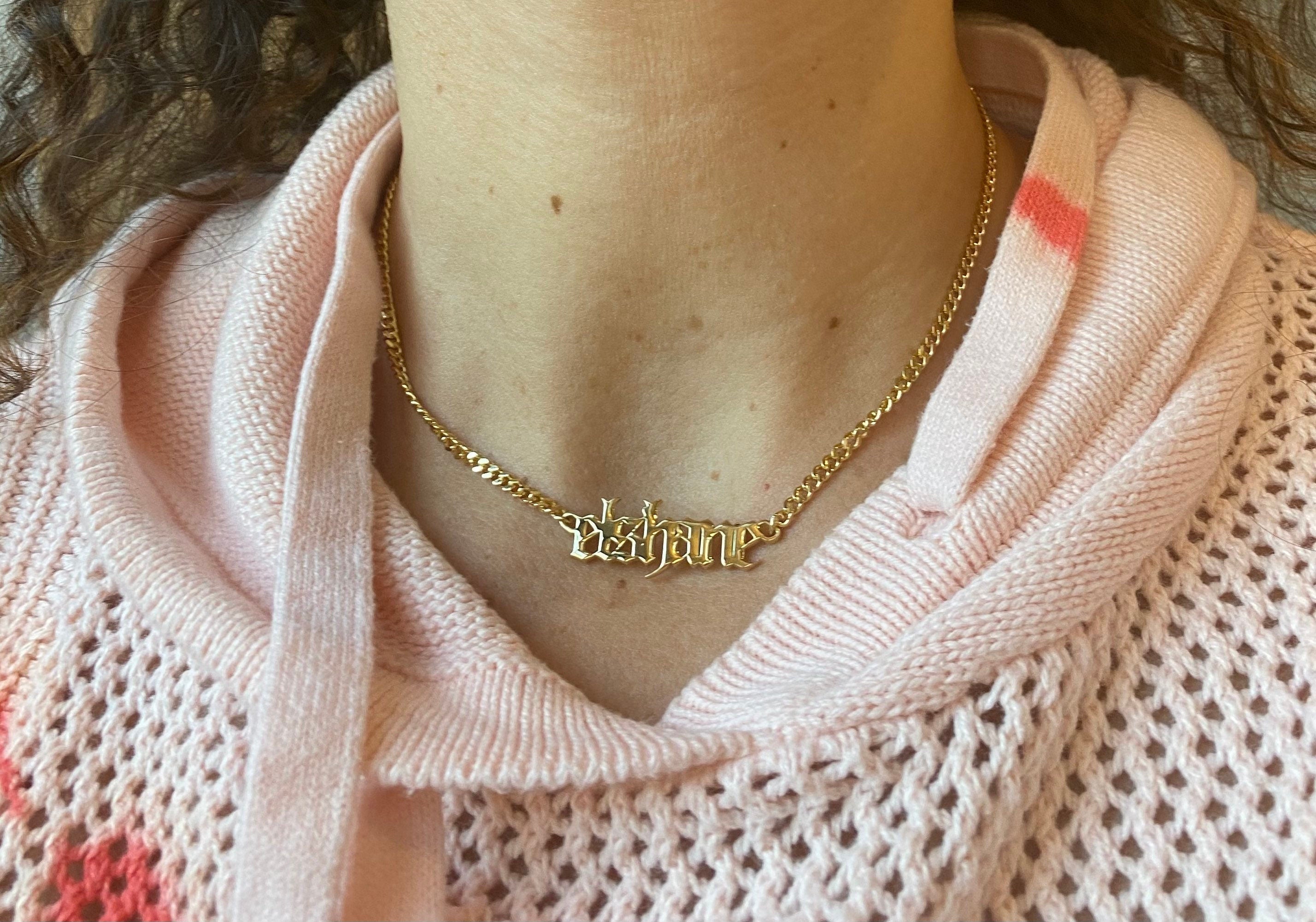 Personalized Gothic nameplate choker. Old English Cuban link necklace. Custom name curb link choker. Sterling silver gold plated.