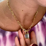 Lock charm necklace. 18K gold filled l, medium paper clip chain necklaces with jumbo two-tone lock. Chain necklaces with charm.