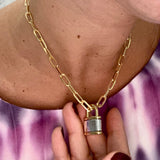Lock charm necklace. 18K gold filled l, medium paper clip chain necklaces with jumbo two-tone lock. Chain necklaces with charm.