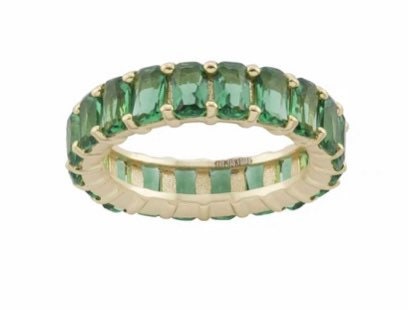 Emerald cut ring. Anniversary ring. Wedding band. Green Sterling Silver and 14K Gold Plated Baguette Style Eternity Band/ Ring