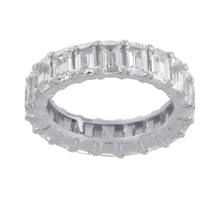 Emerald cut band. Wedding ring. Anniversary gift. Sterling Silver White Gold Plated Baguette Style Eternity Band Ring with Clear Stones