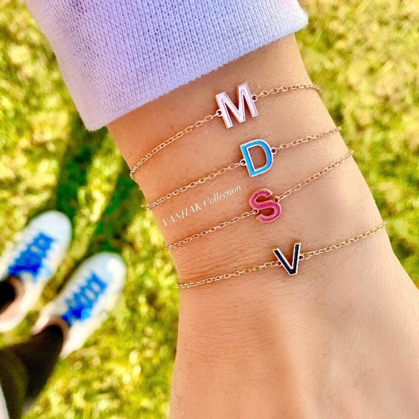 Enamel initial bracelets. Sterling silver and gold plated. Enamel letter bracelets. Personalized enamel bracelet.